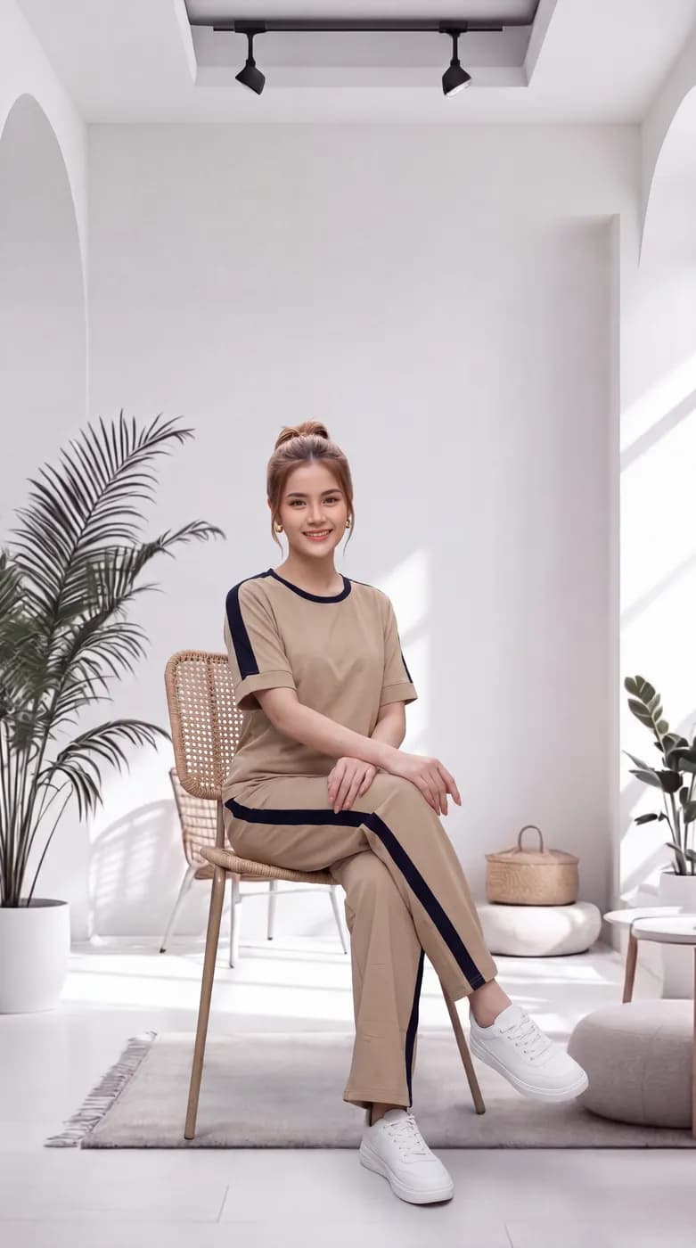 FF-36 Contrast Trim Round-Neck Co-ord Set - D. Cream