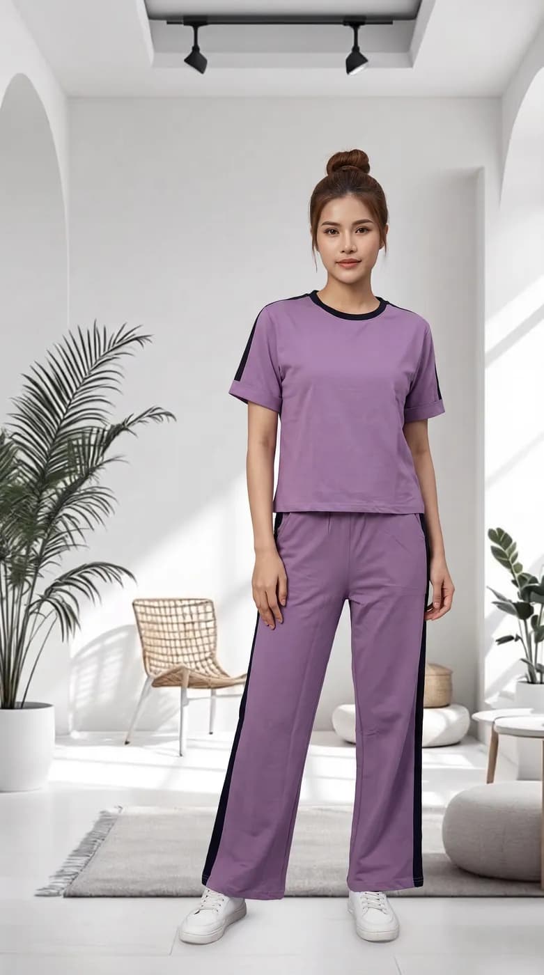 FF-36 Contrast Trim Round-Neck Co-ord Set - Lavender