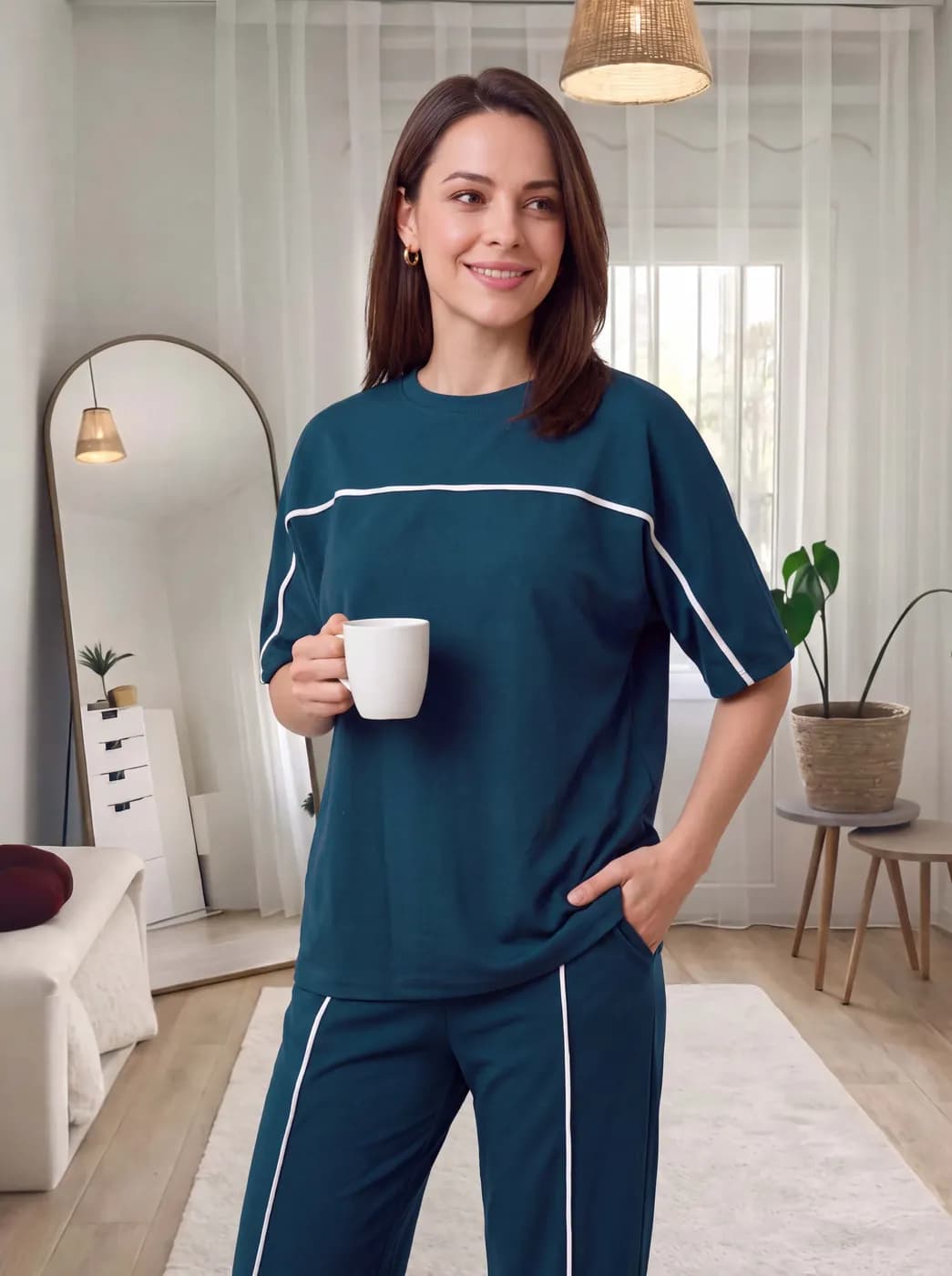 FF-38 Contrast Piping Oversized Co-ord Set - Air Force