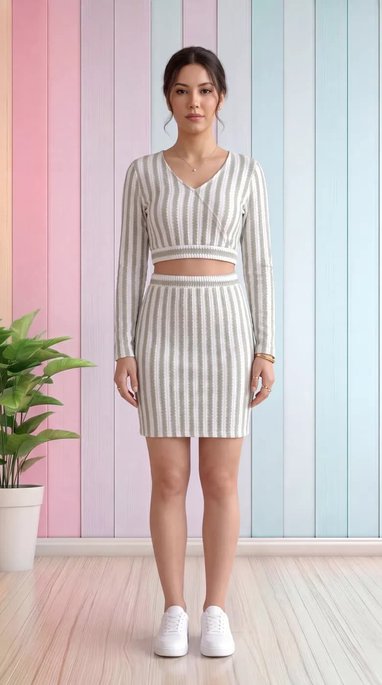 FF-40 Striped Crop Top & Skirt Co-ord Set - Mahendi