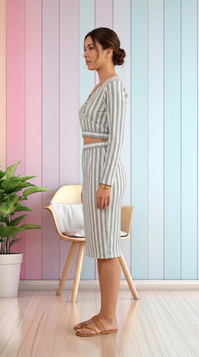 FF-40 Striped Crop Top & Skirt Co-ord Set - Sea Green