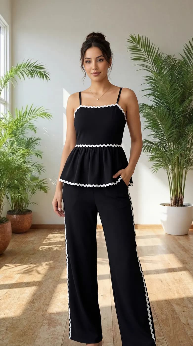 FF-43 Ric-Rac Trim Peplum Co-ord Set - Black