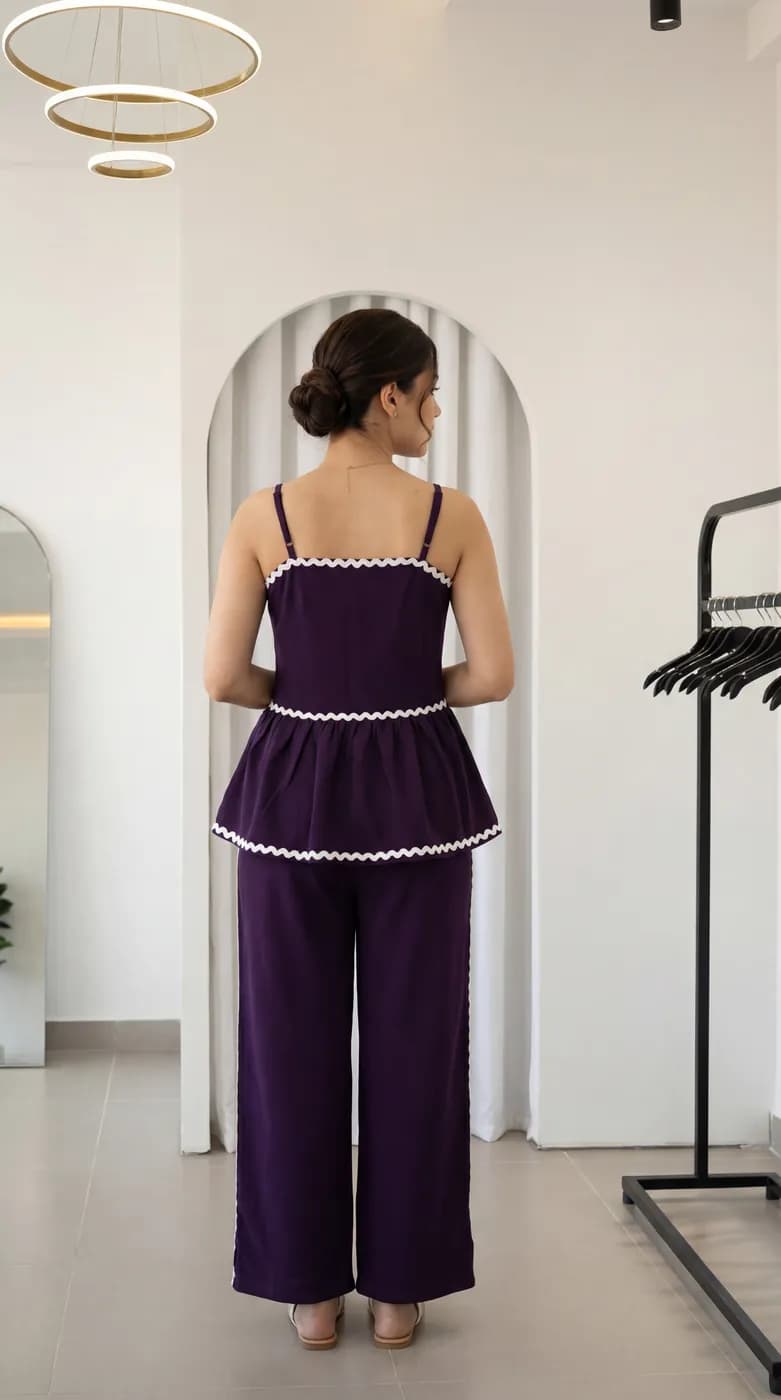 FF-43 Ric-Rac Trim Peplum Co-ord Set - Wine