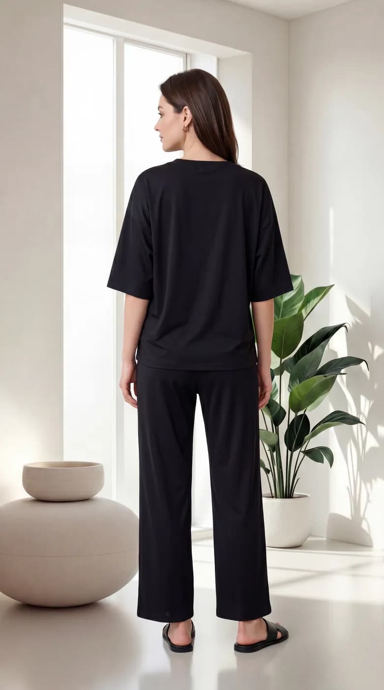 FF-45 Contrast Piping Relaxed Co-ord Set - Black