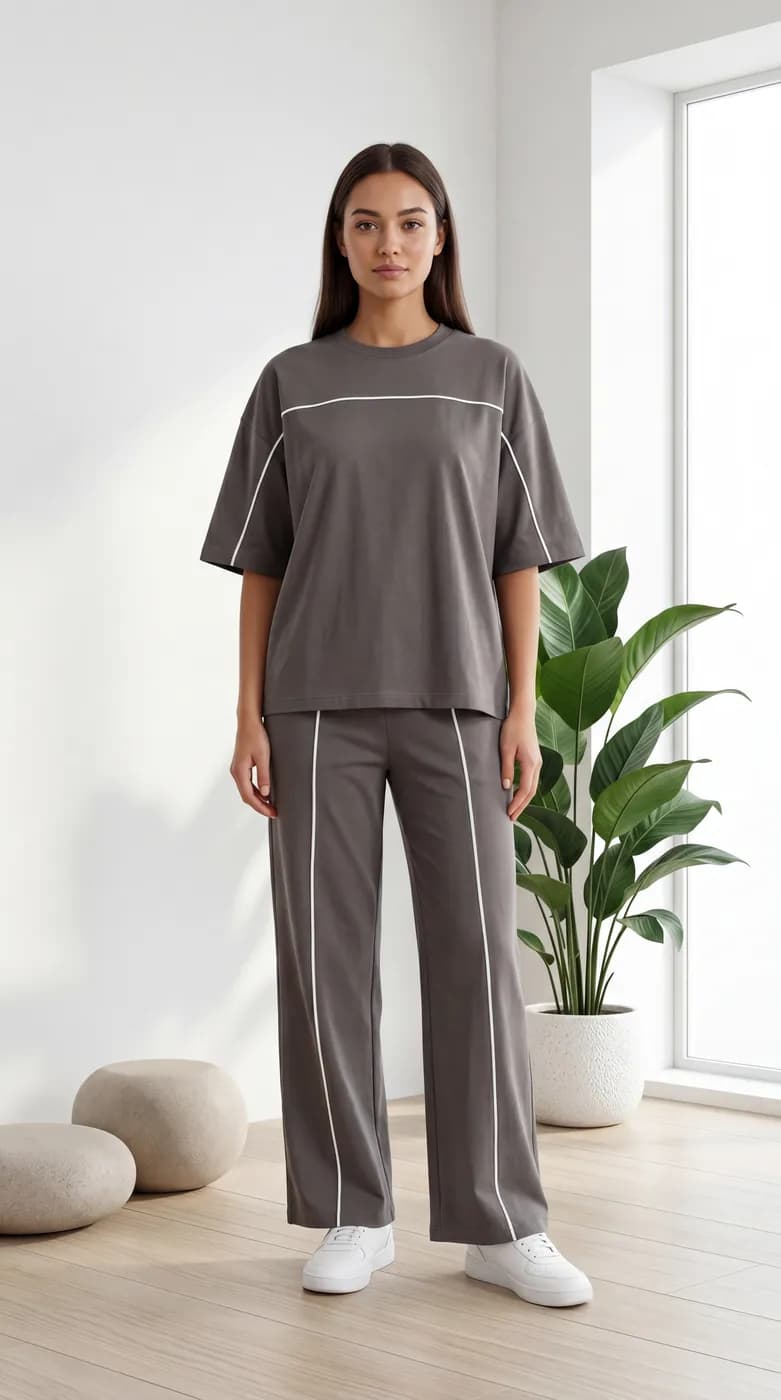 FF-45 Contrast Piping Relaxed Co-ord Set - Dark Grey