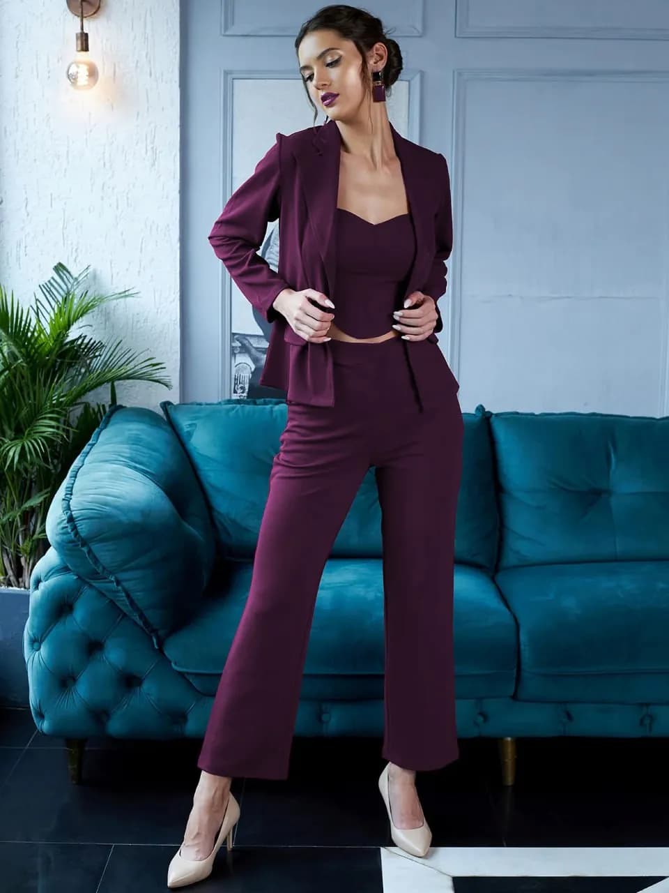 FF-91 3-Piece Blazer Co-ord Set - Wine