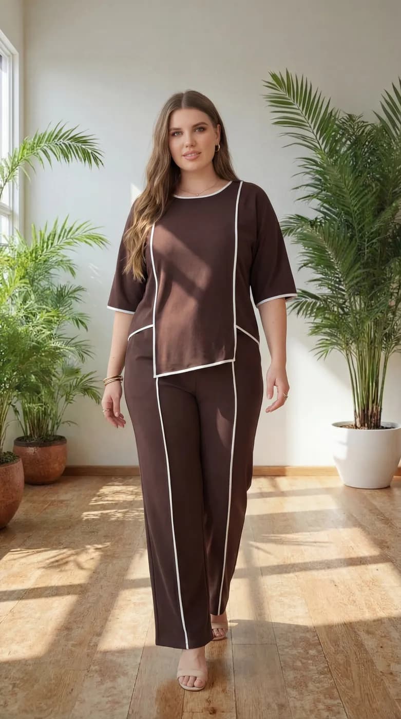 FF-99 Asymmetric Piping Co-ord Set - Coffee