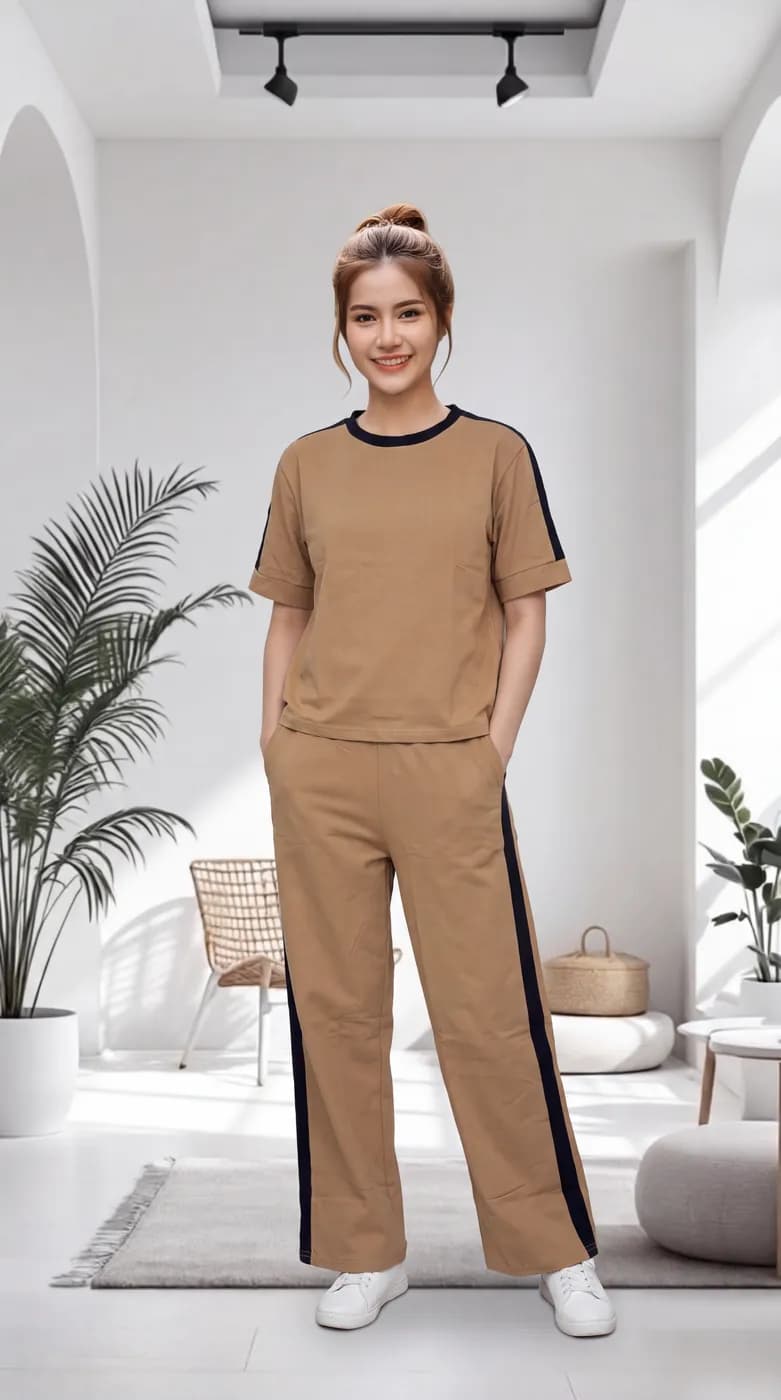 FF-36 Contrast Trim Round-Neck Co-ord Set - Khakhi — photo 1