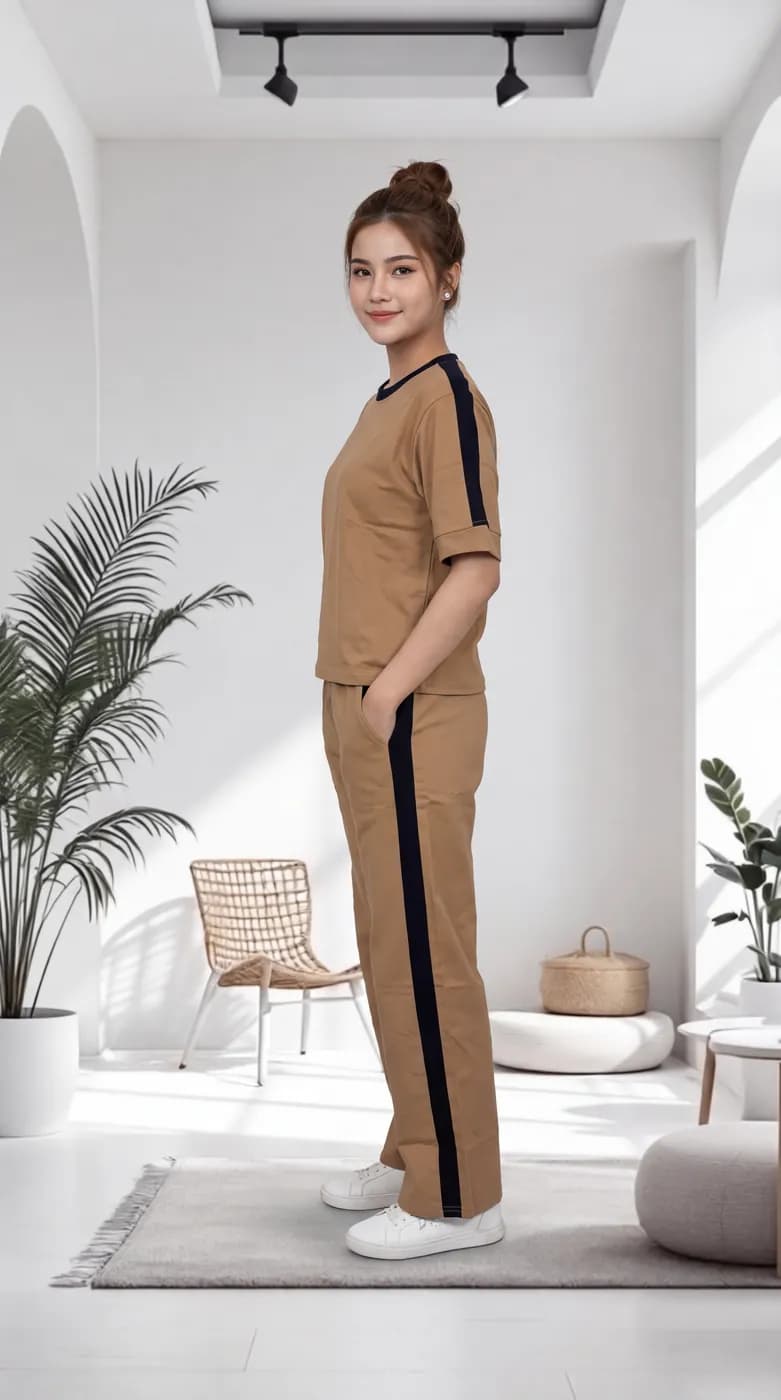 FF-36 Contrast Trim Round-Neck Co-ord Set - Khakhi — photo 2
