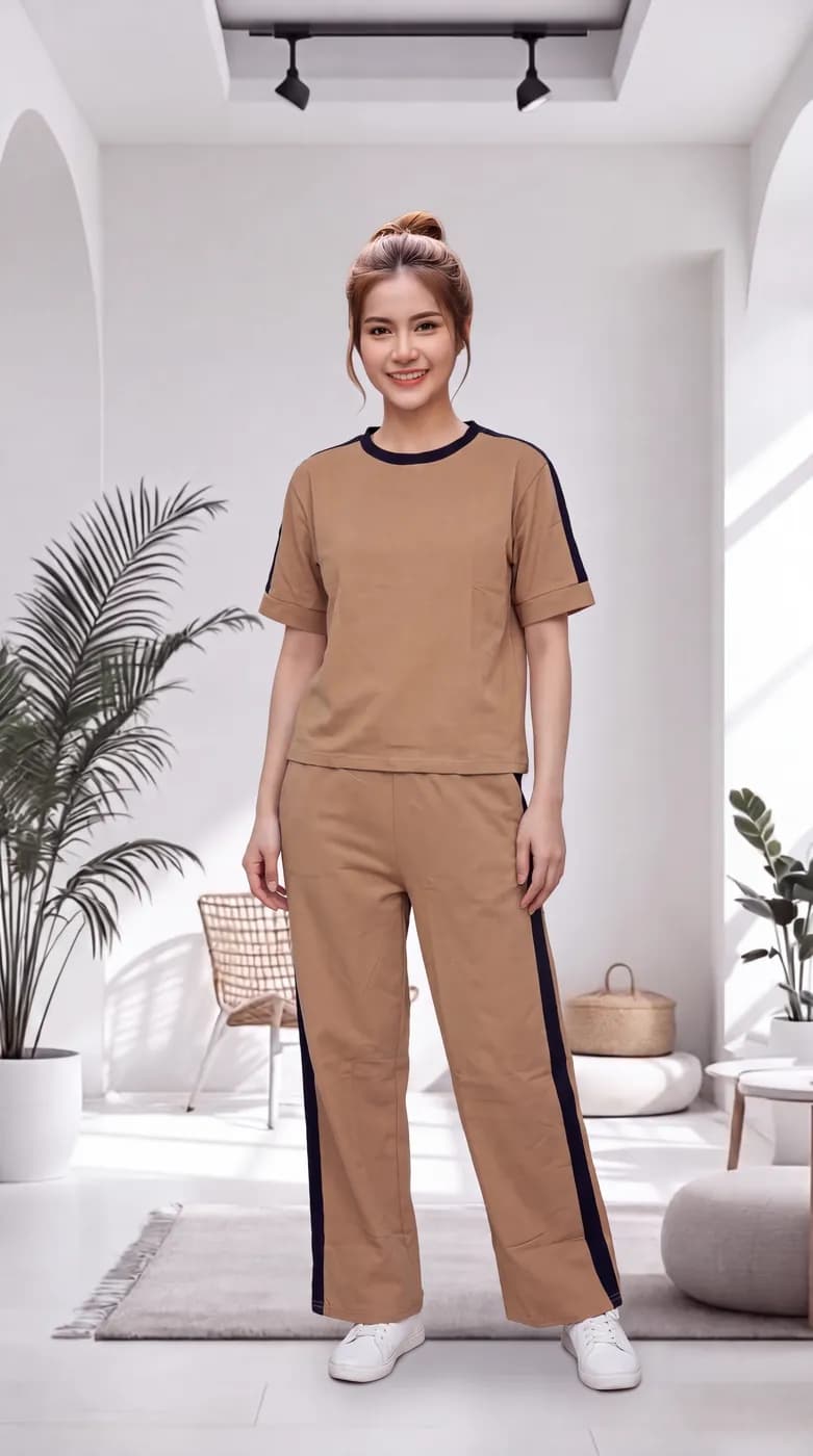 FF-36 Contrast Trim Round-Neck Co-ord Set - Khakhi — photo 3