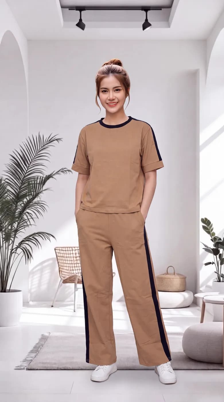 FF-36 Contrast Trim Round-Neck Co-ord Set - Khakhi — photo 5
