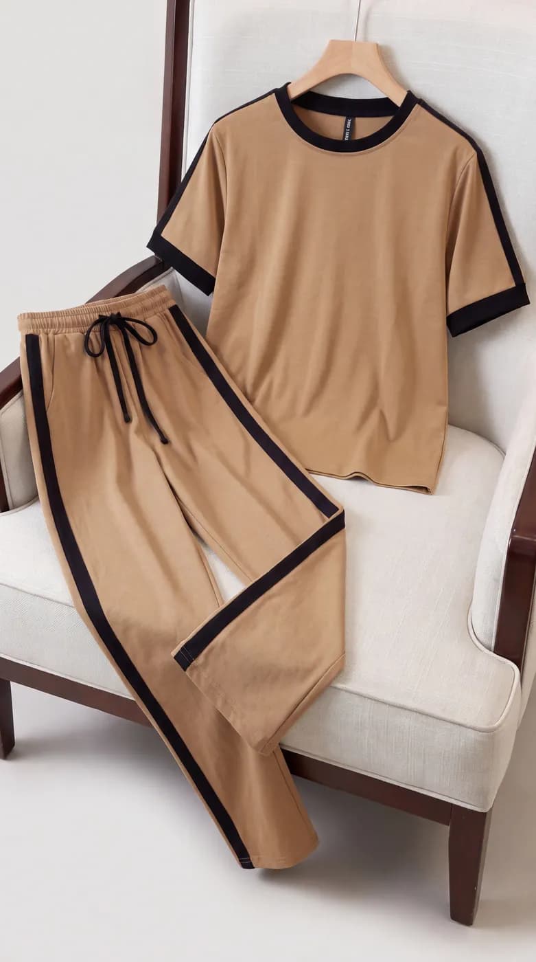 FF-36 Contrast Trim Round-Neck Co-ord Set - Khakhi — photo 6