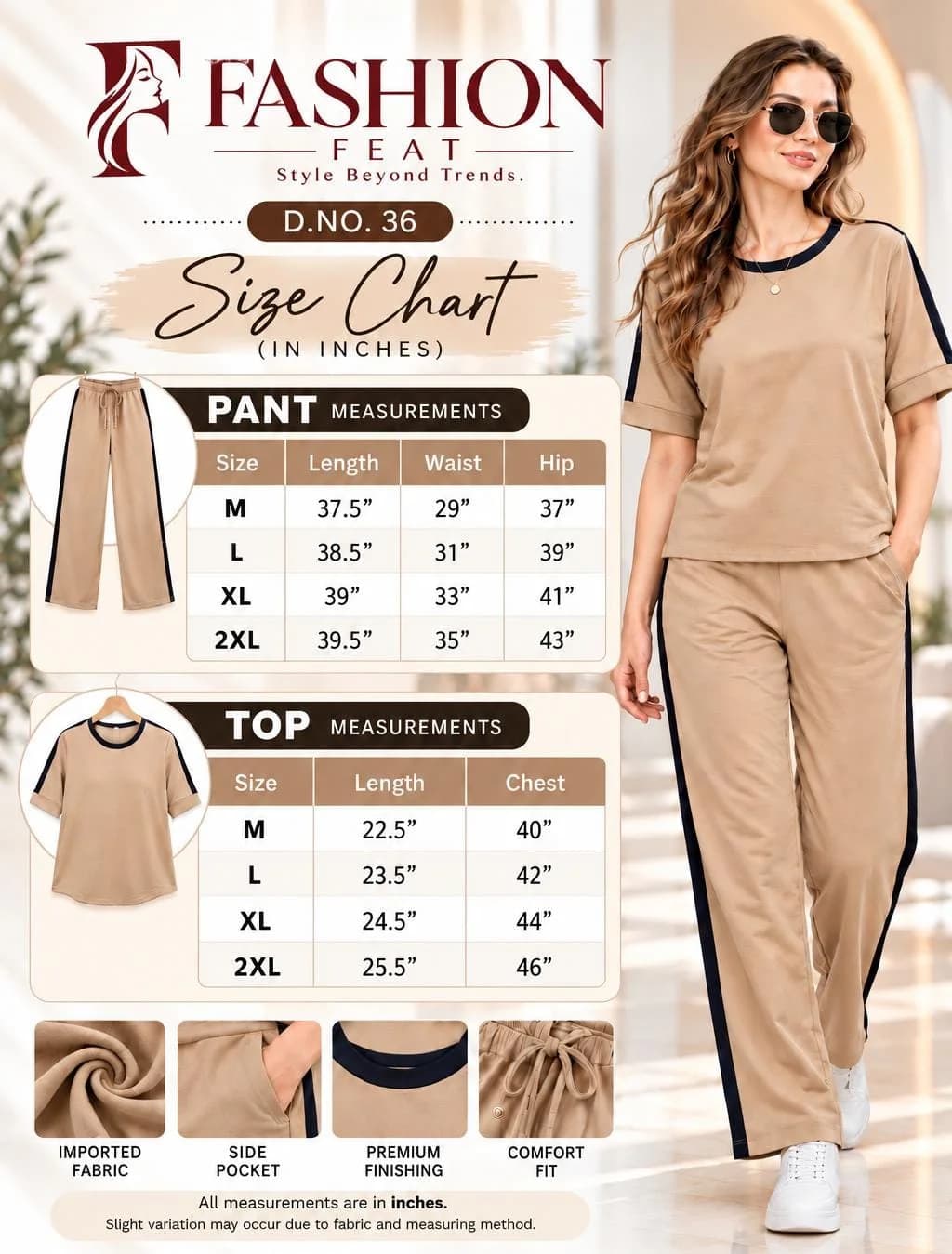 FF-36 Contrast Trim Round-Neck Co-ord Set - Khakhi — photo 7