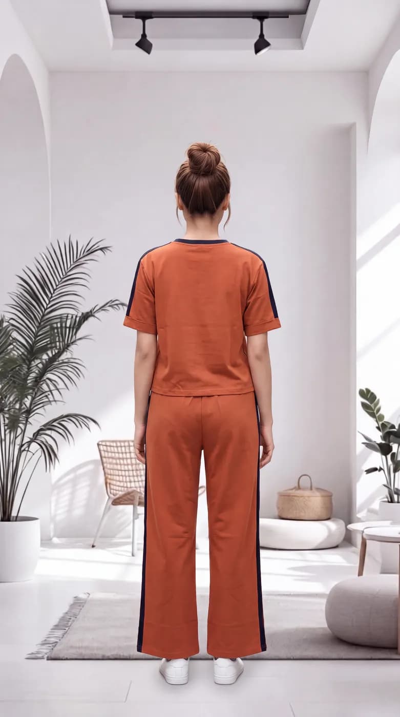 FF-36 Contrast Trim Round-Neck Co-ord Set - Orange — photo 3