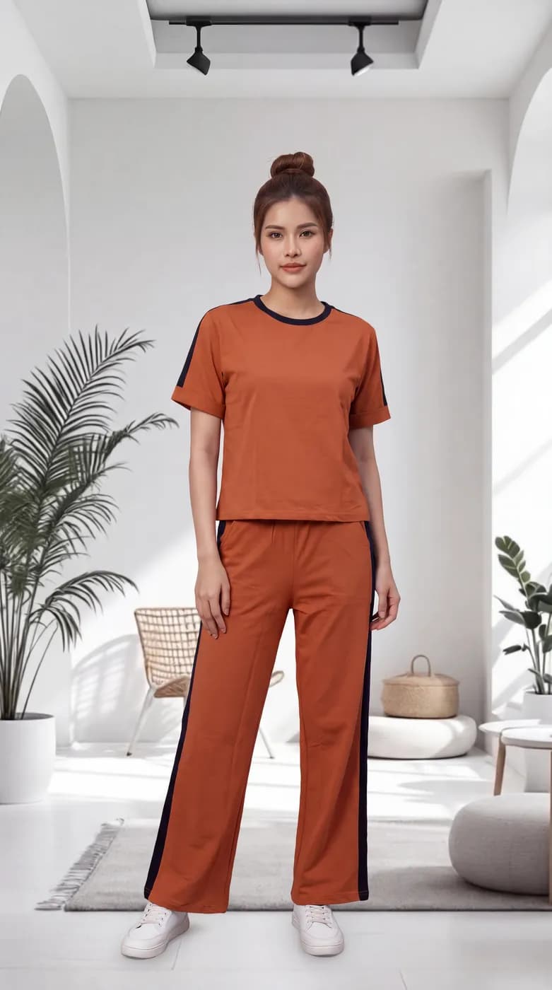 FF-36 Contrast Trim Round-Neck Co-ord Set - Orange — photo 6