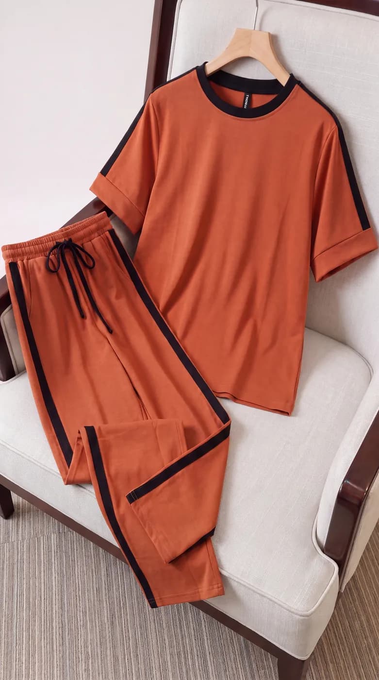FF-36 Contrast Trim Round-Neck Co-ord Set - Orange — photo 7