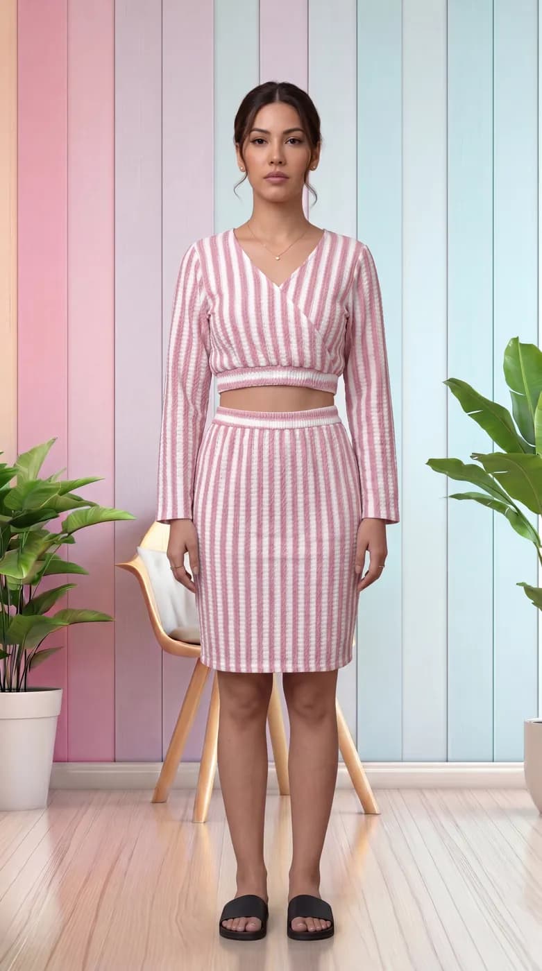 FF-40 Striped Crop Top & Skirt Co-ord Set - Peach — photo 1