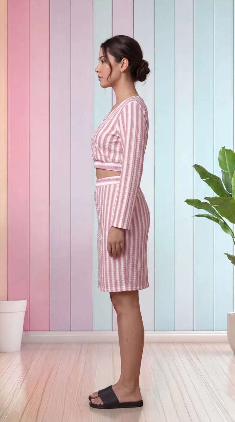 FF-40 Striped Crop Top & Skirt Co-ord Set - Peach — photo 2