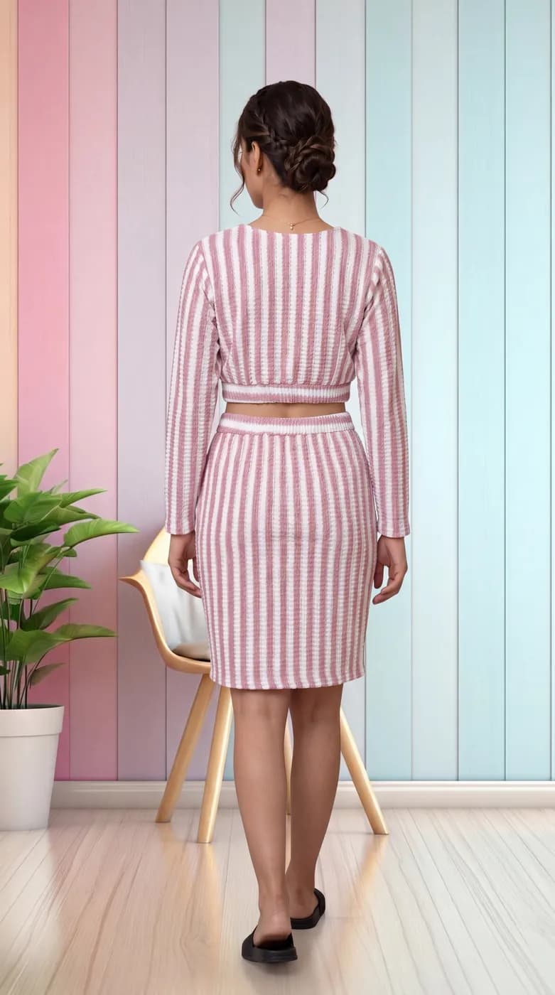 FF-40 Striped Crop Top & Skirt Co-ord Set - Peach — photo 3