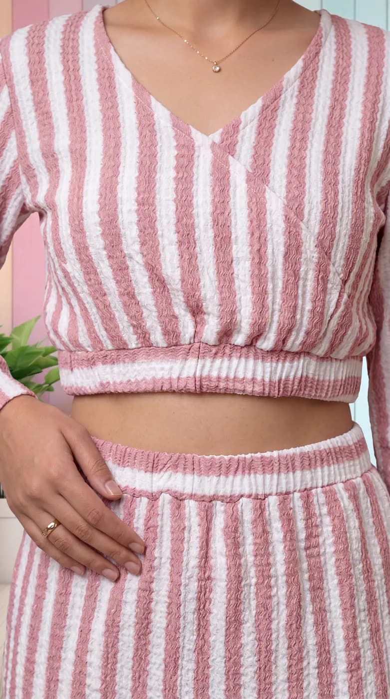 FF-40 Striped Crop Top & Skirt Co-ord Set - Peach — photo 4