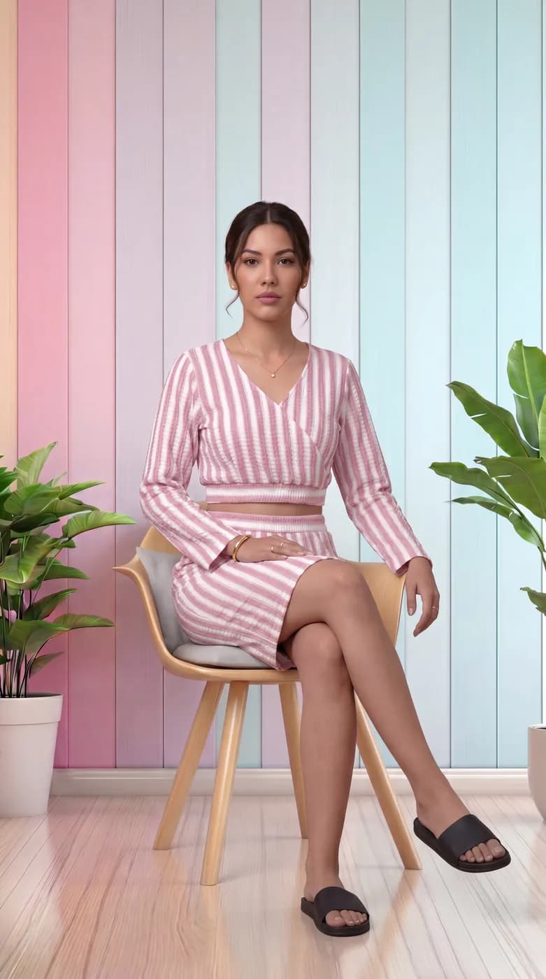 FF-40 Striped Crop Top & Skirt Co-ord Set - Peach — photo 5