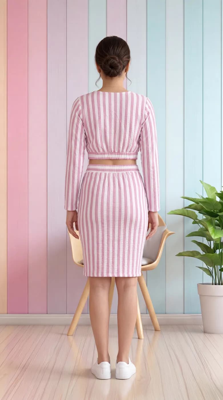 FF-40 Striped Crop Top & Skirt Co-ord Set - Pink — photo 1