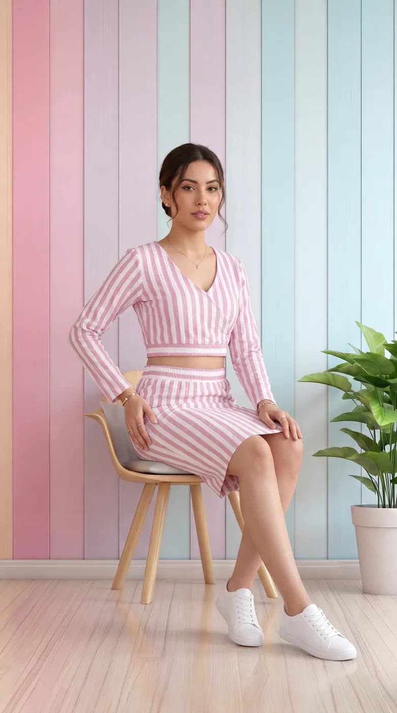 FF-40 Striped Crop Top & Skirt Co-ord Set - Pink — photo 2