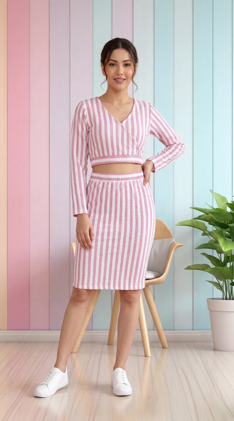 FF-40 Striped Crop Top & Skirt Co-ord Set - Pink — photo 3