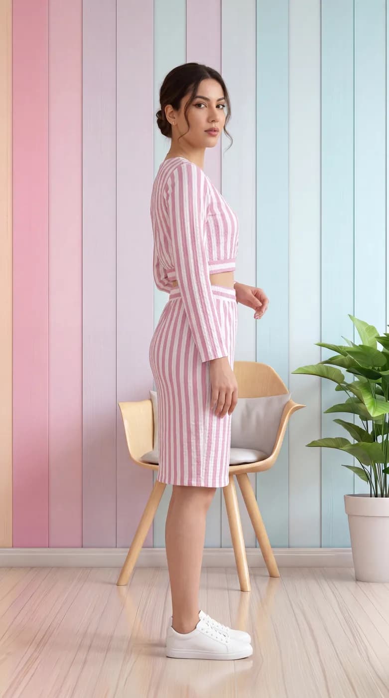 FF-40 Striped Crop Top & Skirt Co-ord Set - Pink — photo 4