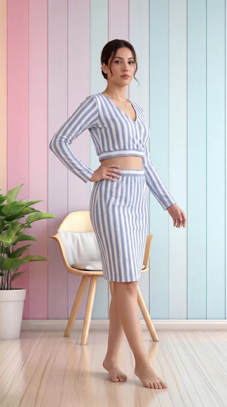 FF-40 Striped Crop Top & Skirt Co-ord Set - Sky — photo 4