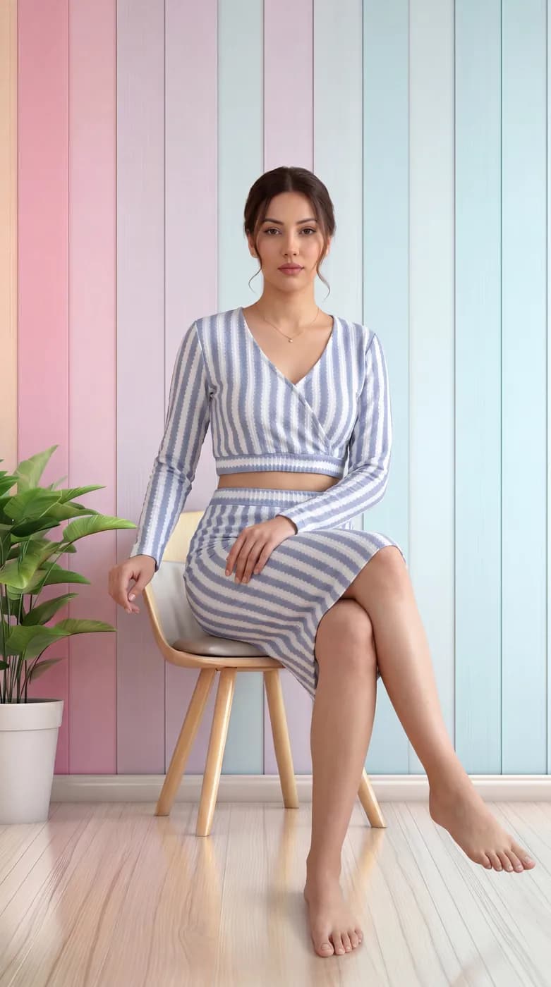FF-40 Striped Crop Top & Skirt Co-ord Set - Sky — photo 6