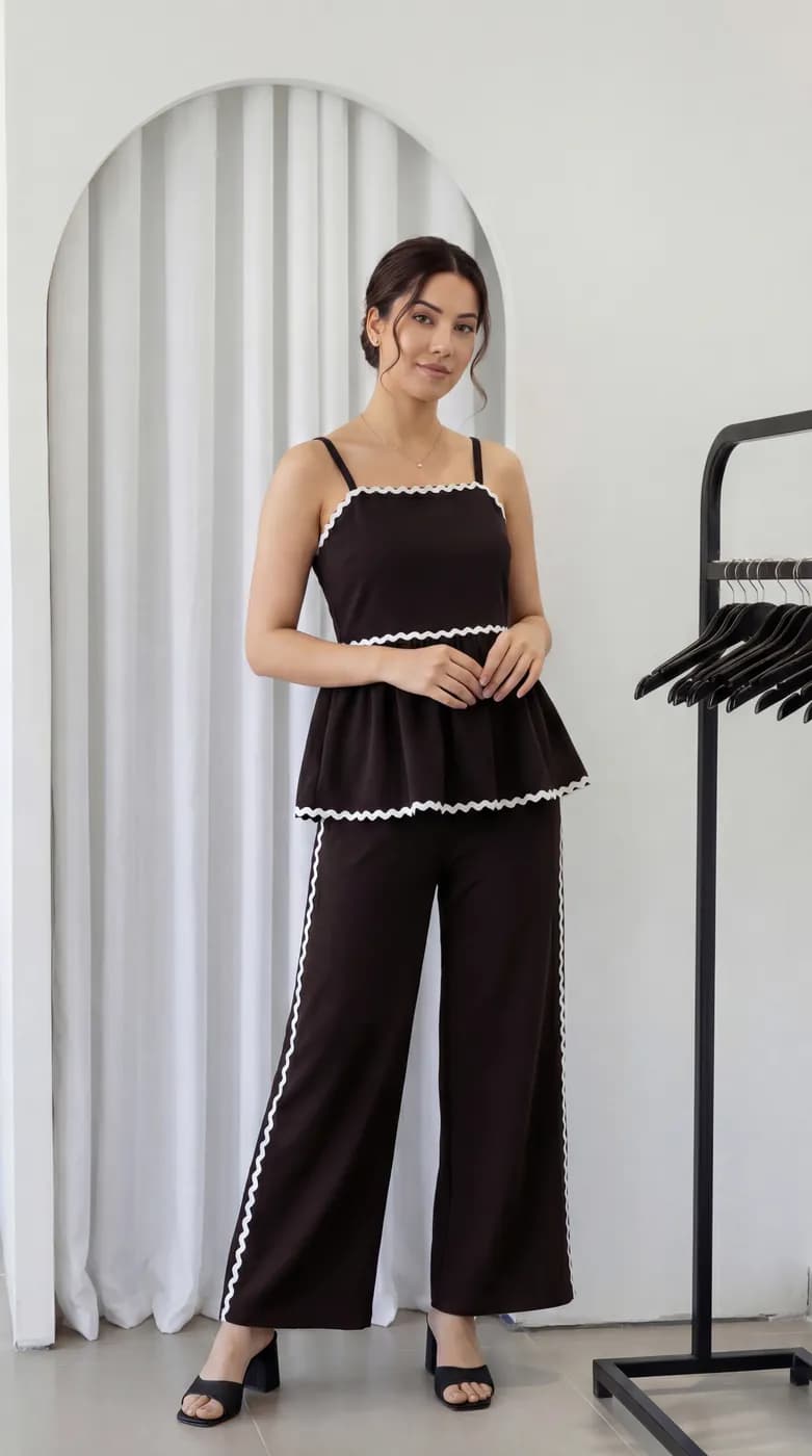 FF-43 Ric-Rac Trim Peplum Co-ord Set - Coffee — photo 5