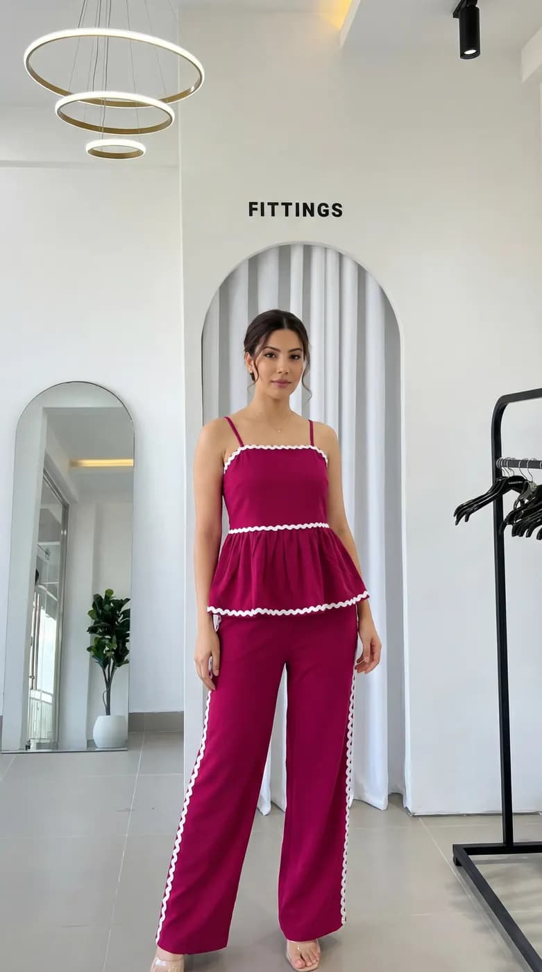 FF-43 Ric-Rac Trim Peplum Co-ord Set - Pink — photo 1