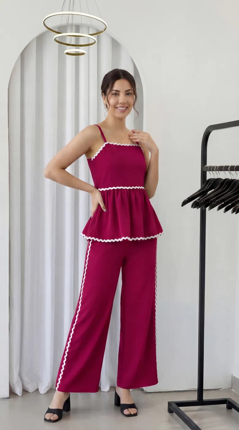 FF-43 Ric-Rac Trim Peplum Co-ord Set - Pink — photo 3