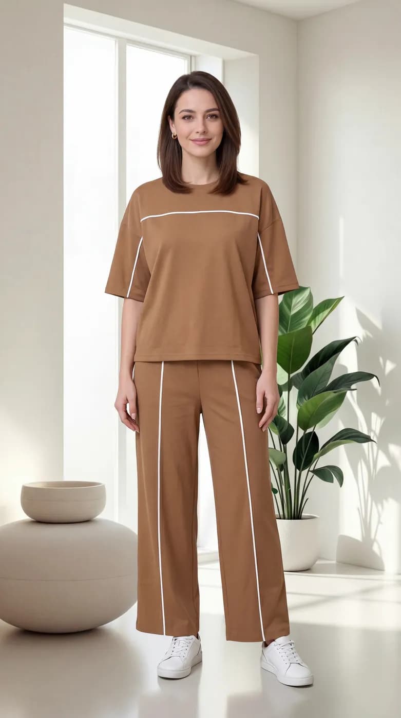 FF-45 Contrast Piping Relaxed Co-ord Set - Khakhi — photo 1