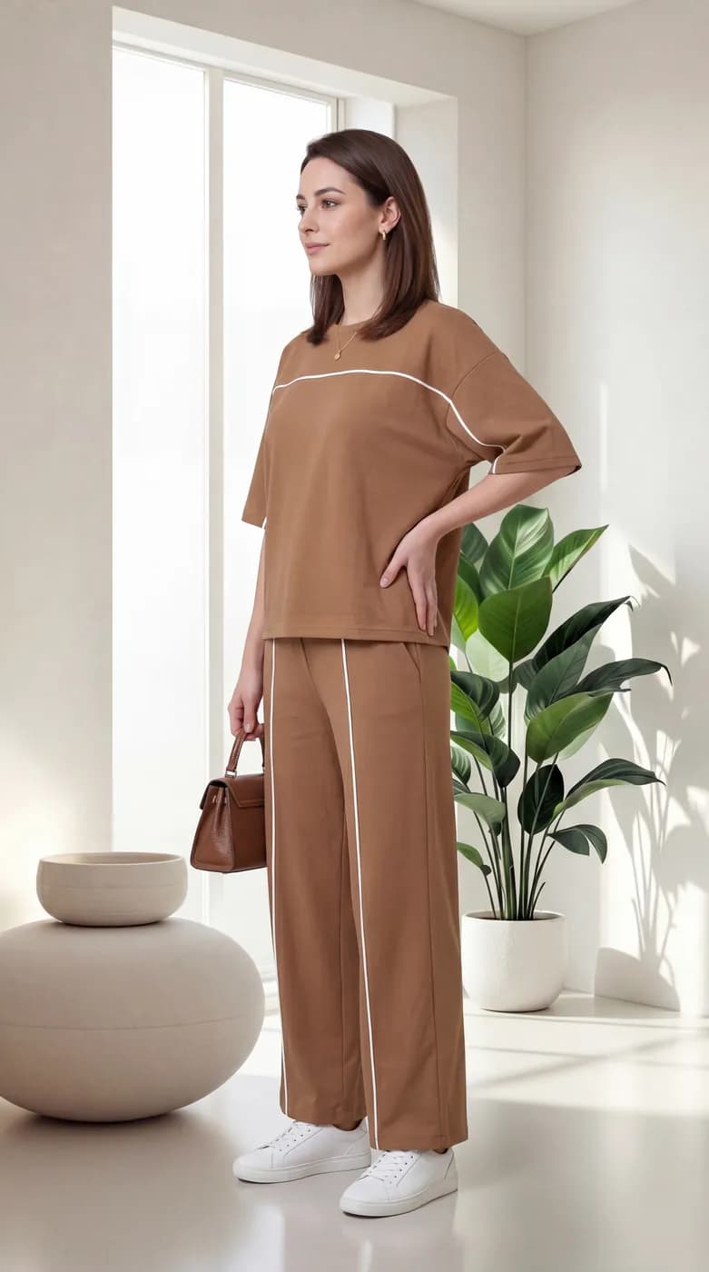 FF-45 Contrast Piping Relaxed Co-ord Set - Khakhi — photo 2