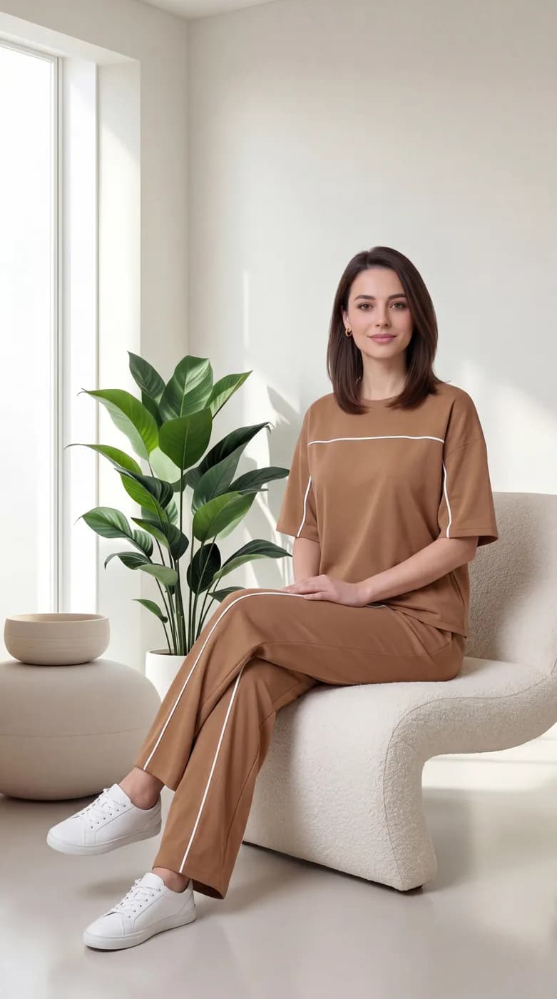 FF-45 Contrast Piping Relaxed Co-ord Set - Khakhi — photo 4