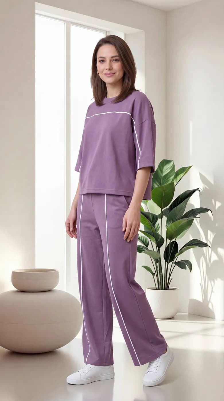 FF-45 Contrast Piping Relaxed Co-ord Set - Lavender — photo 1