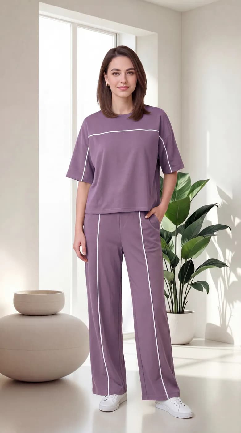 FF-45 Contrast Piping Relaxed Co-ord Set - Lavender — photo 2