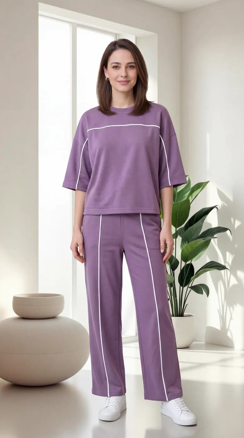 FF-45 Contrast Piping Relaxed Co-ord Set - Lavender — photo 3