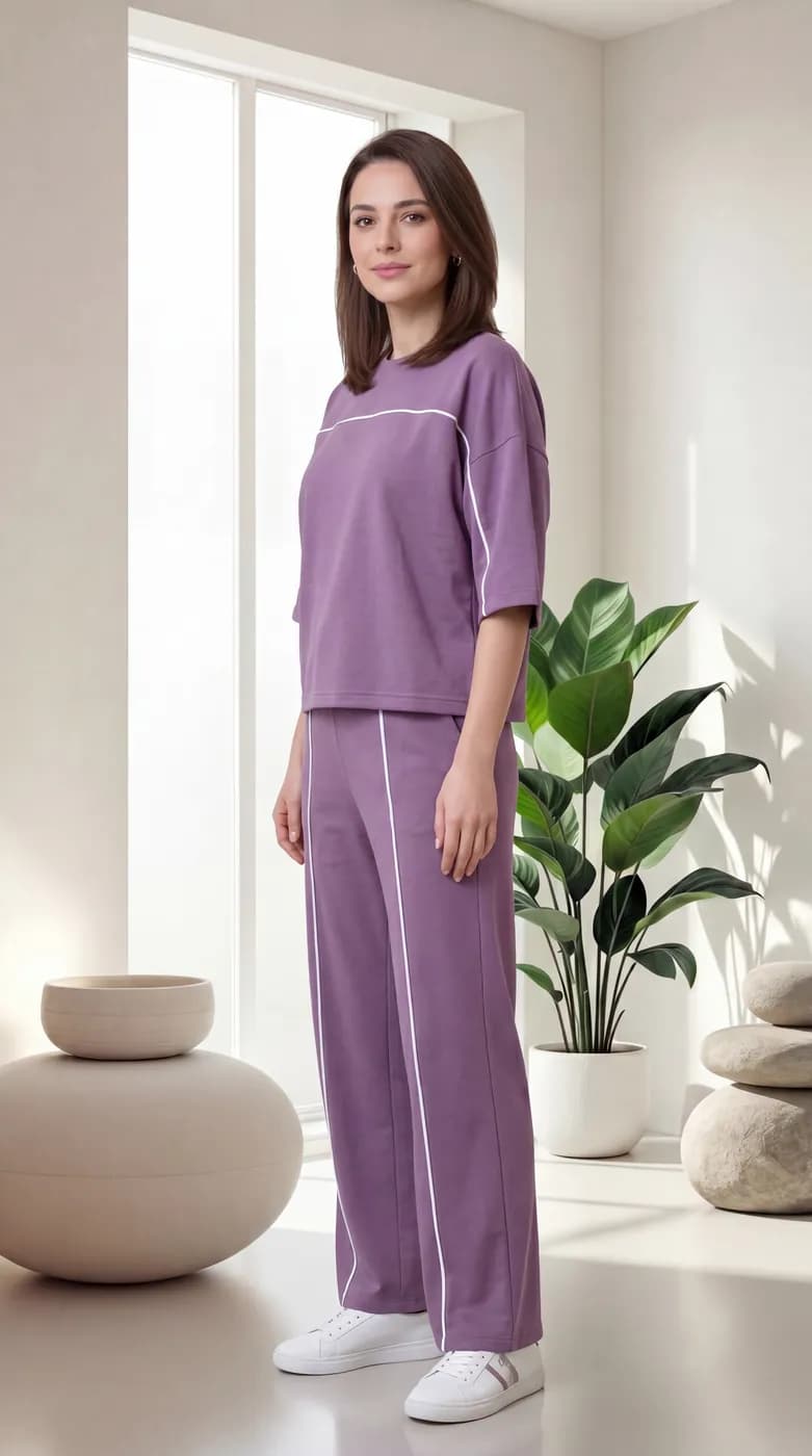 FF-45 Contrast Piping Relaxed Co-ord Set - Lavender — photo 4