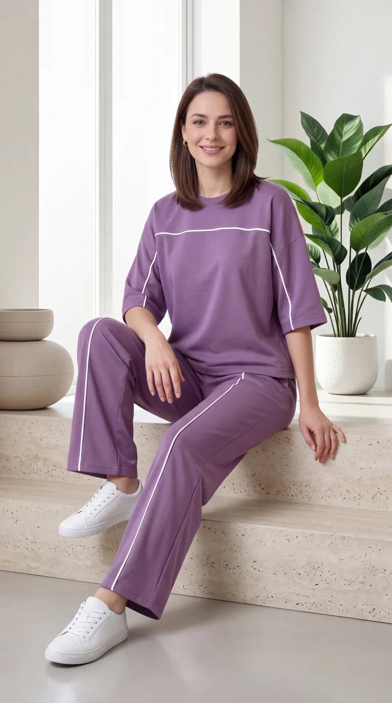 FF-45 Contrast Piping Relaxed Co-ord Set - Lavender — photo 6
