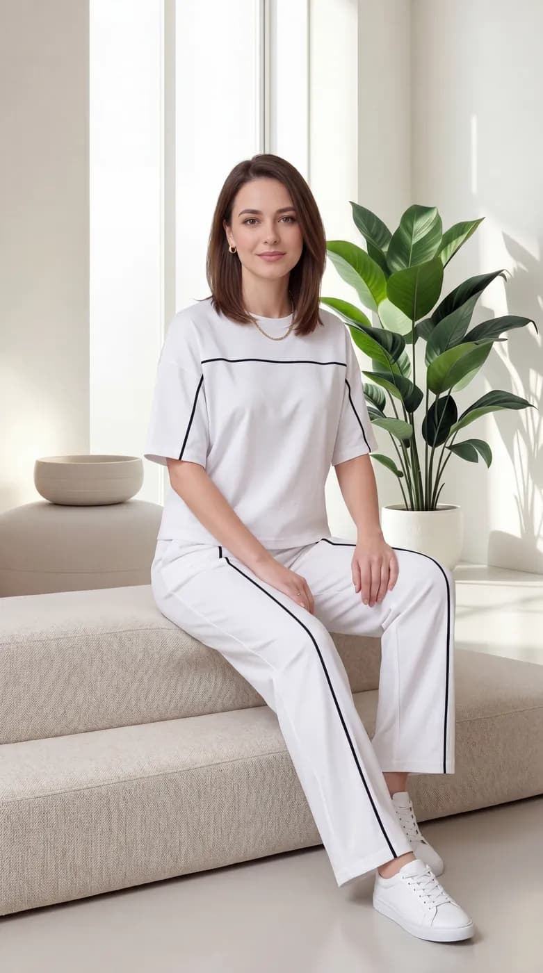 FF-45 Contrast Piping Relaxed Co-ord Set - White — photo 3