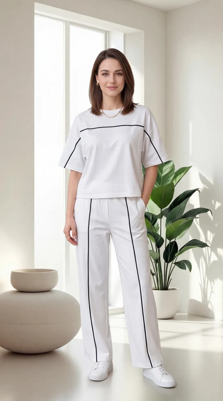 FF-45 Contrast Piping Relaxed Co-ord Set - White — photo 4