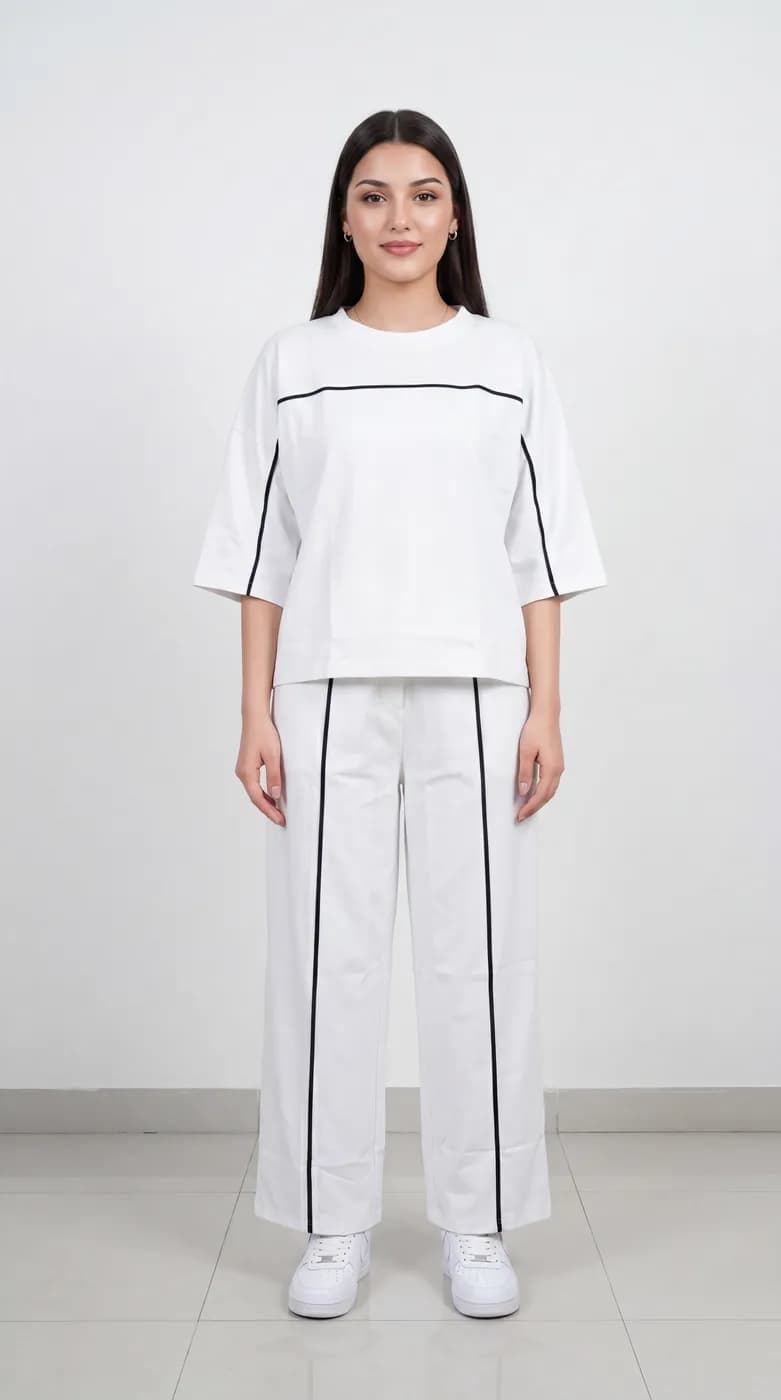 FF-45 Contrast Piping Relaxed Co-ord Set - White — photo 5