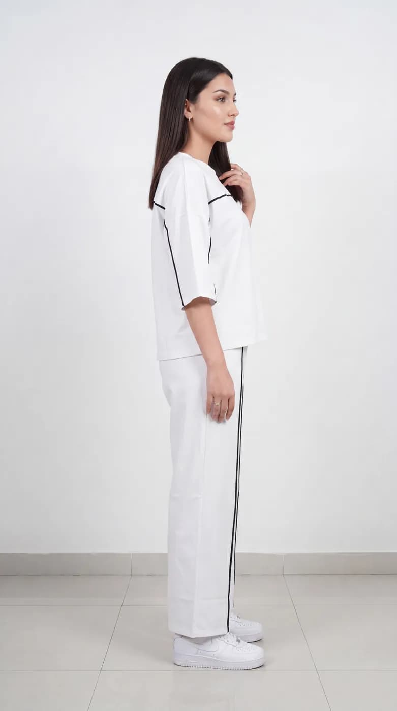 FF-45 Contrast Piping Relaxed Co-ord Set - White — photo 6
