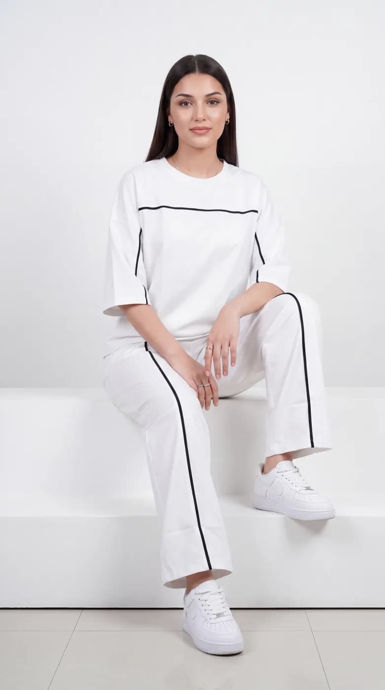 FF-45 Contrast Piping Relaxed Co-ord Set - White — photo 7