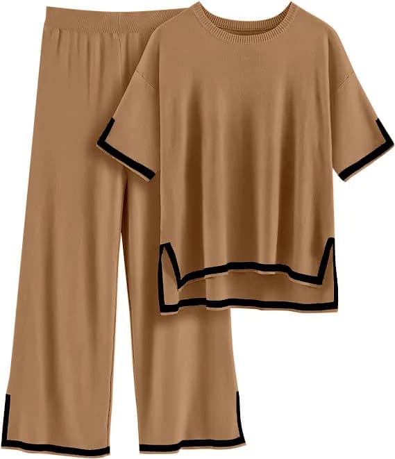 FF-47 Side-Slit Tipped Knit Co-ord Set - Khakhi — photo 2