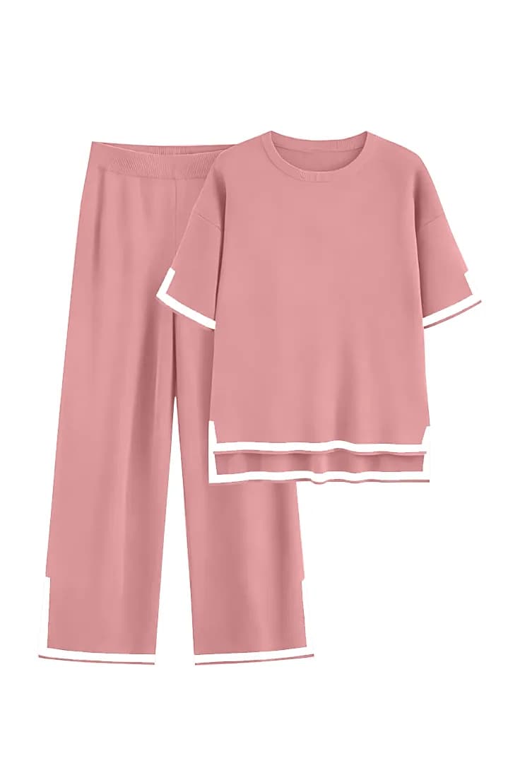 FF-47 Side-Slit Tipped Knit Co-ord Set - Peach — photo 1