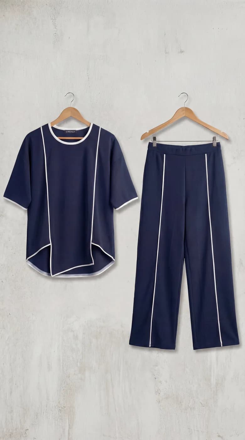 FF-99 Asymmetric Piping Co-ord Set - Navy Blue — photo 1